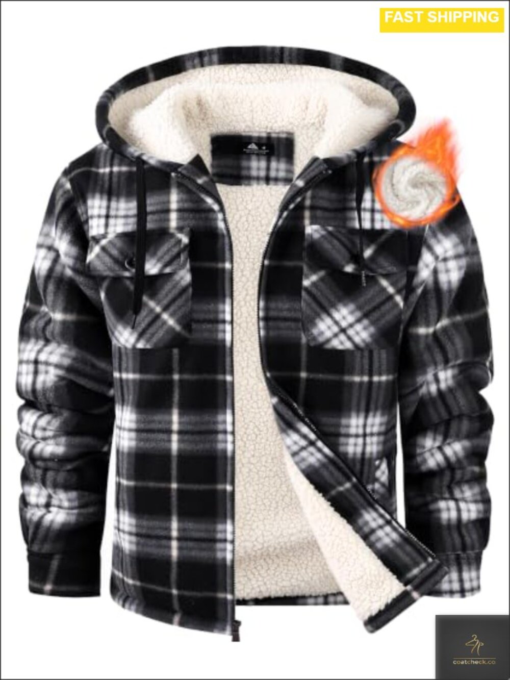 Mens Plaid Flannel Fleece Sherpa Lined Hooded Jacket Zip Up Winter Coat